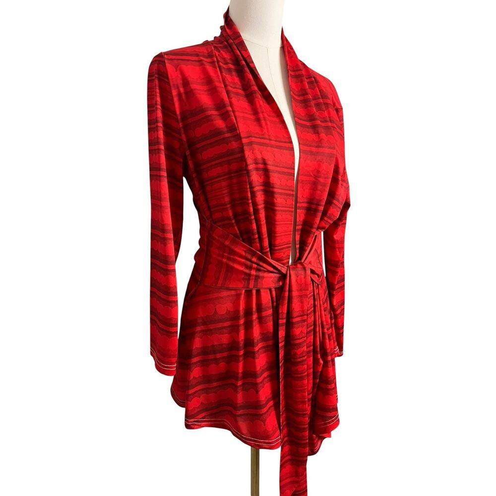 Bon Apple Tea Tunic Blouse Womens Large Red Stripe Belted Tie Waist Top Drape - Picture 2 of 4